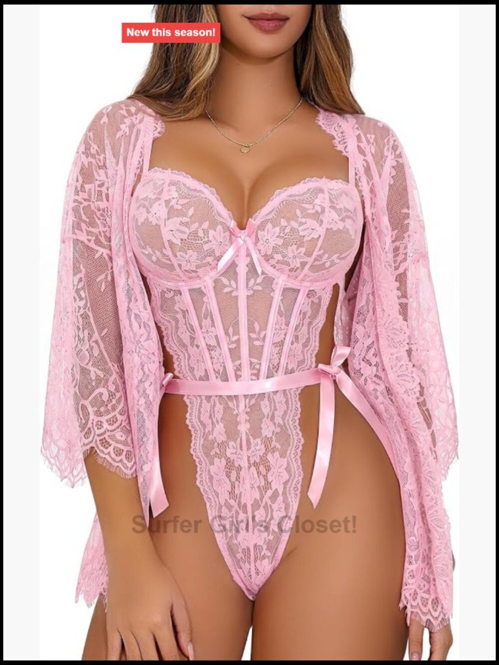 Women's Lace Lingerie Set Bodysuit & Kimono Robe 3 Piece Sleepwear